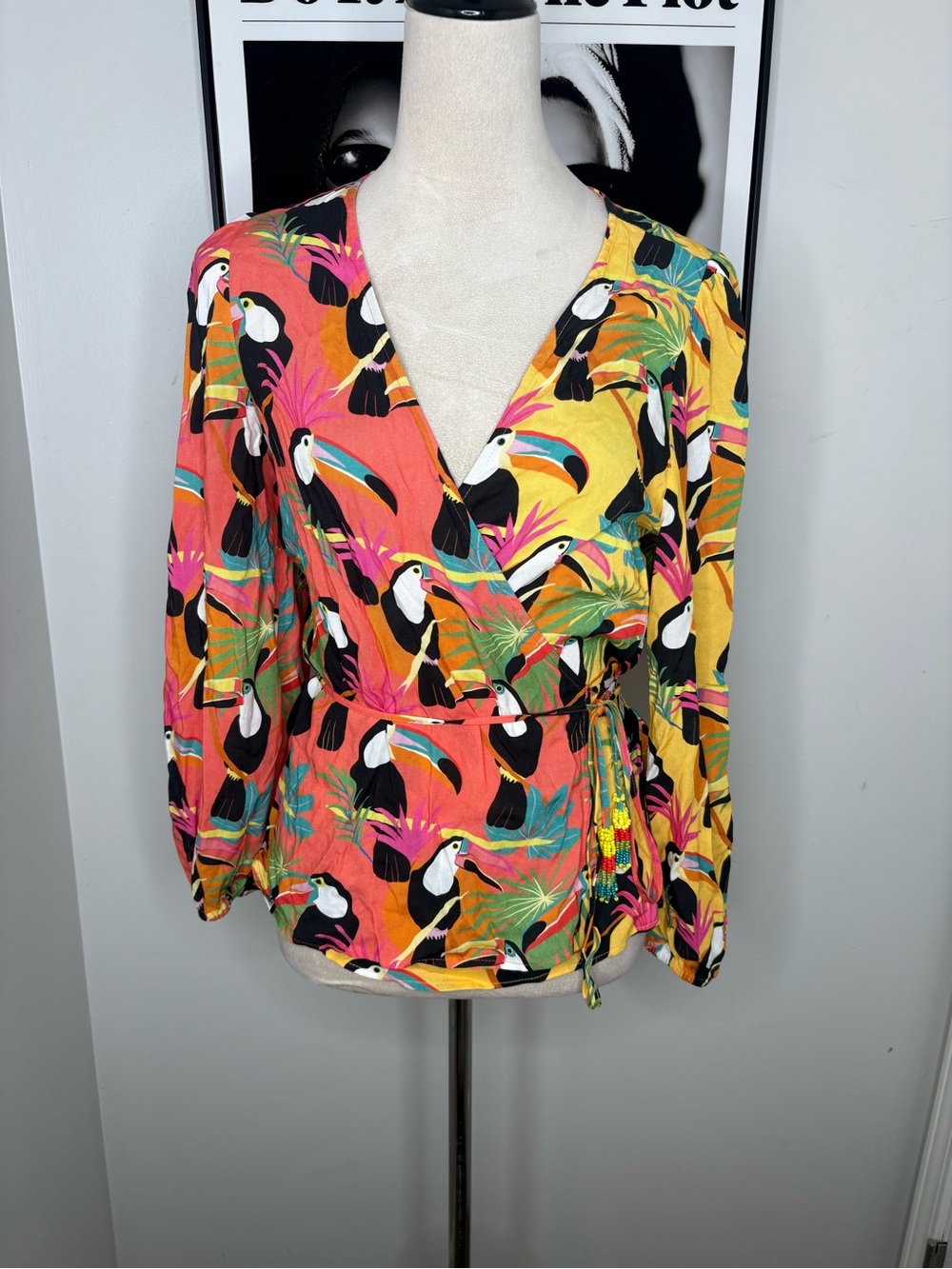 Farm Rio Tropical Toucan Wrap Blouse - Pink & Yellow